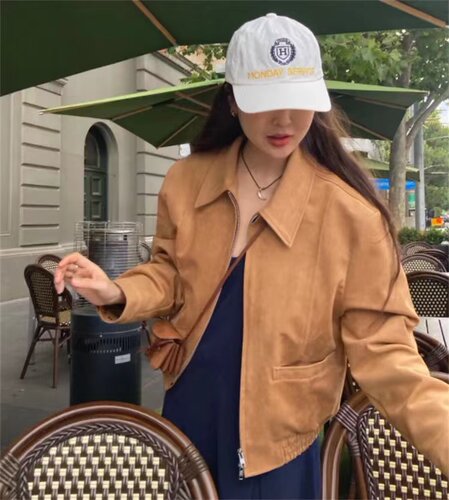 maybebaby简约经典拉链绒面夹克