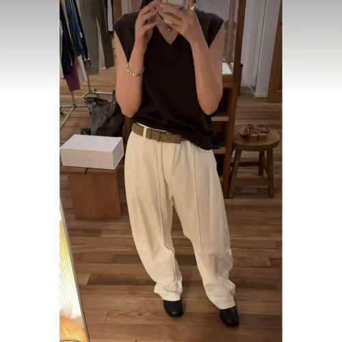 韩国ethos微喇西装裤宽松百搭褶裥设计高腰松紧腰直筒阔腿长裤女