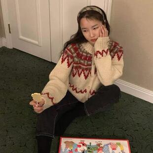 现货～韩国代购maybebaby复活款费尔岛毛衣圣诞氛围撞色针织外套