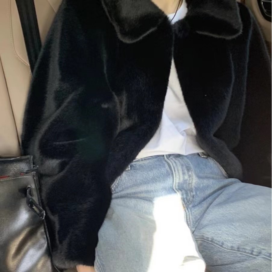 在途～韩国代购mone小黑熊毛绒外套气质优雅翻领短款仿皮草外套女