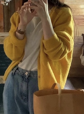 objet韩国代购黄色毛衣开衫秋季新款气质温柔风软糯长袖针织外套