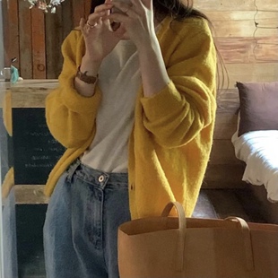 objet韩国代购黄色毛衣开衫秋季新款气质温柔风软糯长袖针织外套