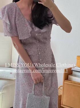 韩国imissyou短袖连衣裙文艺清新前排扣荷叶边设计收腰碎花A字裙