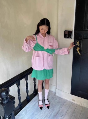 韩国代购viaplain字母刺绣工装外套24初春简约休闲宽松粉色夹克衫