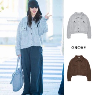 现货～韩国GROVE开衫外套林娜琏同款羊毛口袋粗线针织衫夹克女