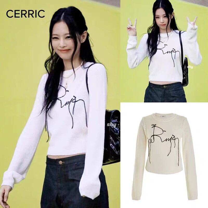 现货～韩国代购cerric圆领短款针织衫极简风明线抽象长袖套头毛衣