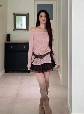 韩国newalrin露肩衫2025年新款一字肩褶皱设计感小众长袖上衣女