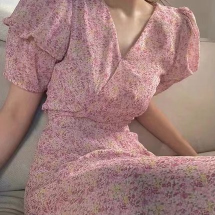 现货～韩国代购imissyou碎花雪纺裙气质温柔风V领灯笼袖系带长裙