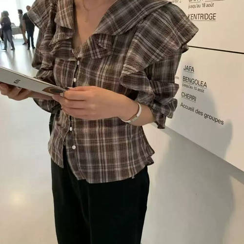 韩国vegetable格纹衬衫法式复古气质荷叶边设计泡泡袖长袖上衣女