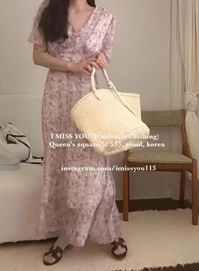 现货～韩国代购imissyou碎花V领长裙法式浪漫系带收腰短袖连衣裙
