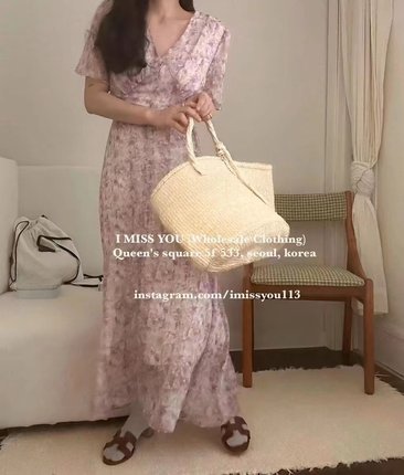 现货～韩国代购imissyou碎花V领长裙法式浪漫系带收腰短袖连衣裙