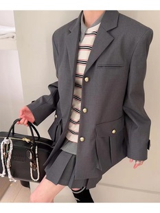 韩国代购helder翻领小金扣西服外套简约高腰百褶西装半身裙两件套