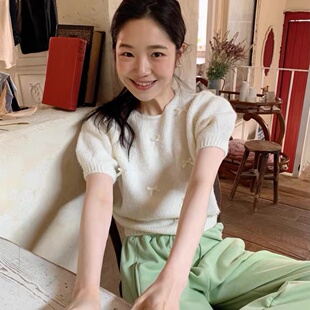 现货~韩国代购from beginning立体蝴蝶结针织衫温柔风短袖上衣女