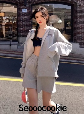 现货～韩国代购seooocookie卫衣拉链外套短裤套装休闲宽松两件套