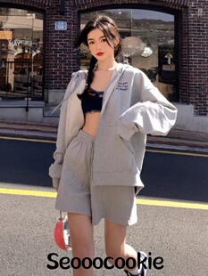 现货～韩国代购seooocookie卫衣拉链外套短裤套装休闲宽松两件套