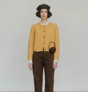 韩国代购sienne羊毛短款针织开衫简约气质圆领插肩袖毛衣外套女