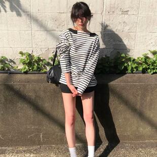 韩国maybebaby条纹T恤2025年新款极简慵懒风小众设计感长袖上衣
