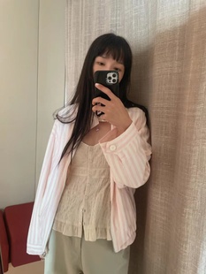 现货～韩国代购maybebaby粉色条纹夹克外套休闲舒适立领拉链外套