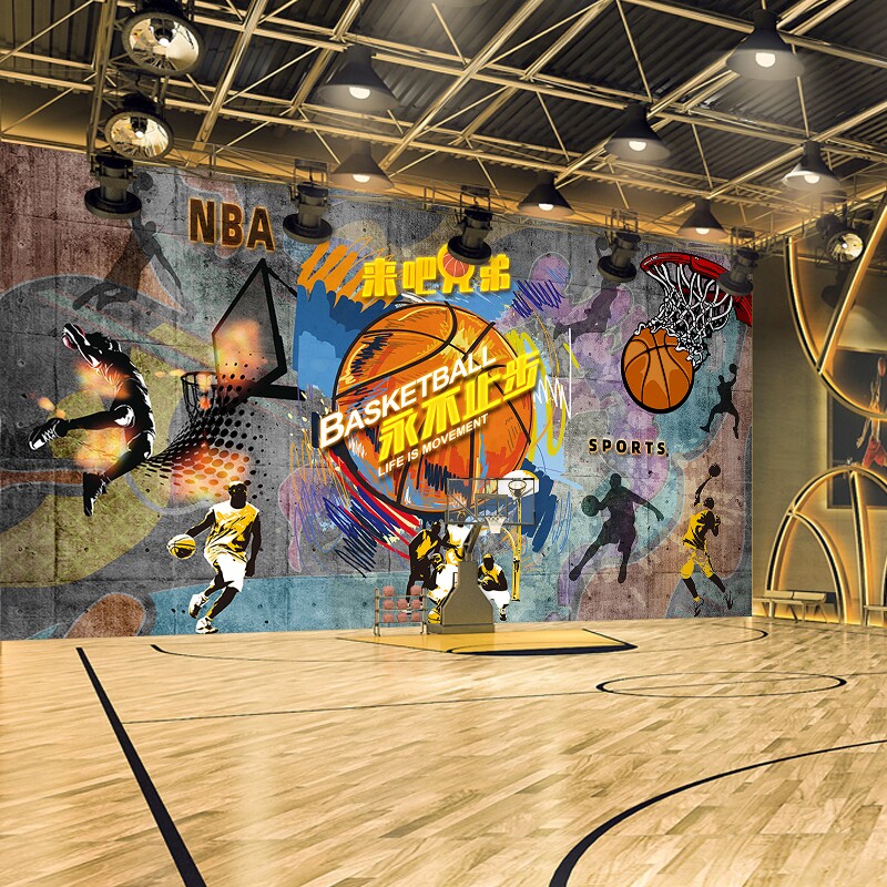 篮球馆壁画NBA墙纸卡通少儿篮球训练营背景墙布定制篮球场壁纸
