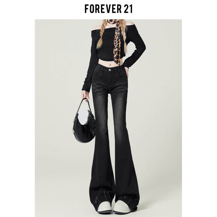 Forever 21黑色修身微喇叭牛仔裤女秋美式辣妹设计感高腰马蹄裤子