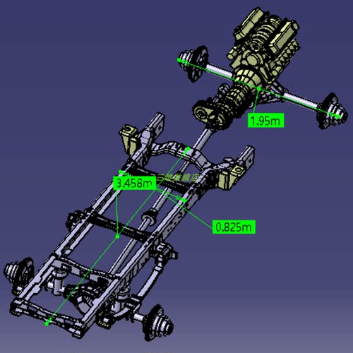 前置后驱汽车货车卡车底盘三维几何数模型3D车架骨架stp钢板弹簧