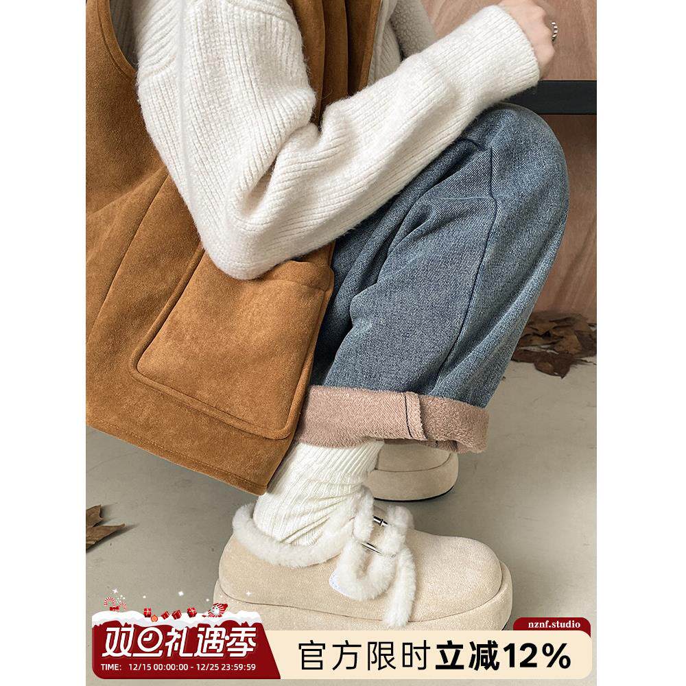 白色加绒加厚厚底棉鞋女款2025新款冬季保暖毛毛勃肯雪地靴子