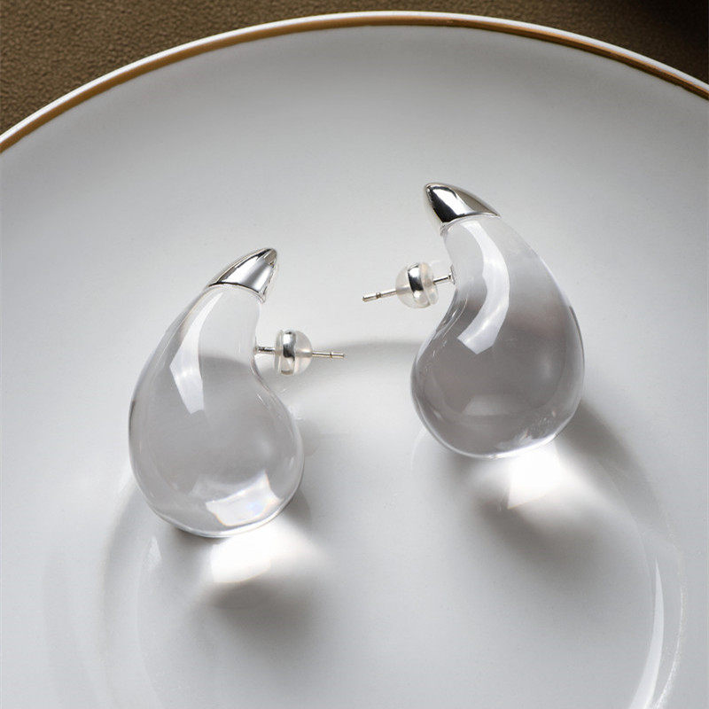 透明白水晶水滴耳环女欧美轻奢小众设计高级感亚克力树脂银针耳钉