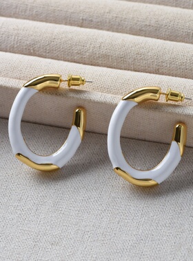 拼色C圈珐琅涟漪耳环女轻奢小众设计复古高级感白色滴釉耳圈耳饰