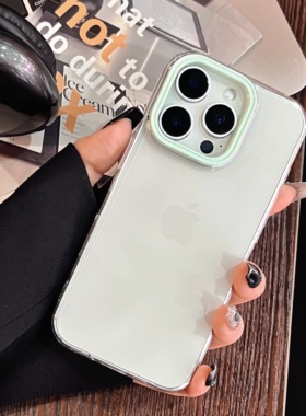 高颜值ins日韩马卡龙撞色适用于苹果16Pro绿色镜框16promax手机壳透明新款15情侣1314保护防摔男女简约多巴胺