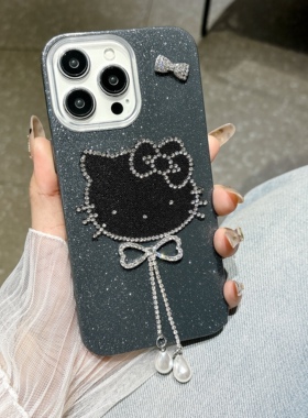 奢华闪粉蝴蝶结KT猫适用于16promax手机壳iPhone15黑灰色新款16保护套13女款14防摔15proins可爱14pro卡通
