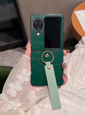 适用于OPPOfindN3Flip绿色手机壳手腕绳FindN2Flip皮质vivoXFlip翻盖小米MixFlip2手绳腕带Flip皮质折叠女