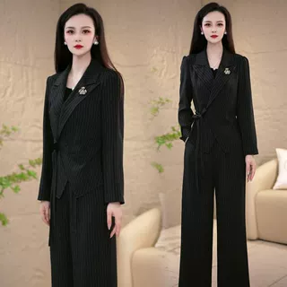 时尚西装套装女2025秋季新款收腰系带西服外套阔腿裤高级感两件套