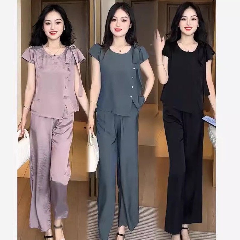 冰丝时尚套装女2025夏季新款小个子洋气短袖上衣阔腿裤两件套潮
