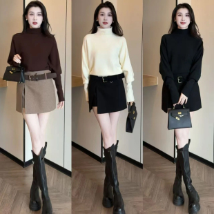 时尚套装裙女2025冬季新款气质显瘦半高领针织衫开叉半身裙两件套
