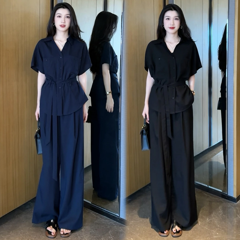 时尚套装女2025夏季新款韩版时髦洋气系带短袖衬衫阔腿裤两件套潮