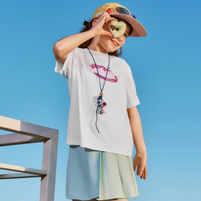 Skechers斯凯奇25新款夏季男女童贴贴T休闲针织短袖T恤衫L225K064