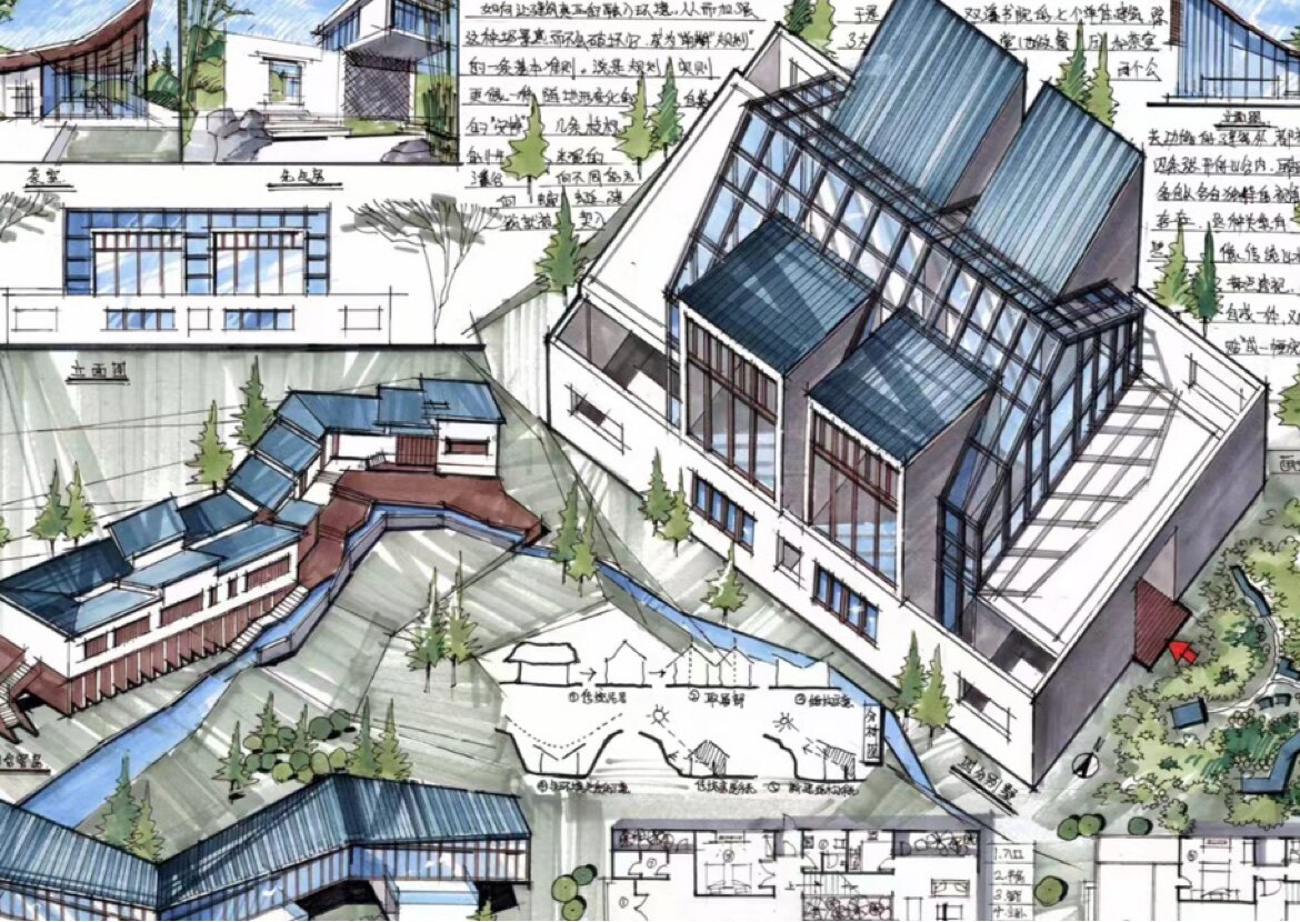 马克笔手绘效果图室内景观建筑规2D/3D绘图