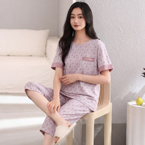 妈妈睡衣纯棉夏季薄款短袖七分裤
