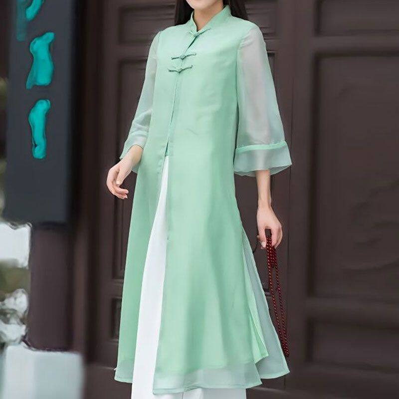 2026年新夏季茶服改良汉服女复古显瘦旗袍连衣裙阔腿裤套装唐装汉