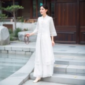 茶服女2025旗袍式 中国风民族雪纺连 禅意文艺复古汉服套装 修身 夏装
