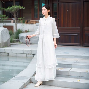 旗袍式修身夏装禅意文艺雪纺茶服