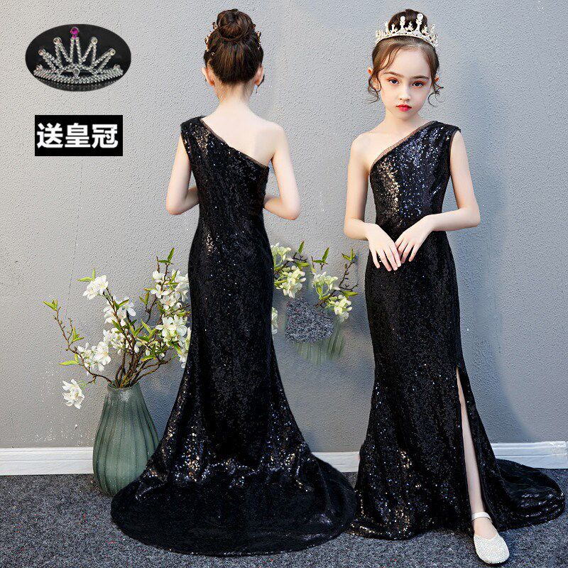 女童礼服裙修身少儿模走秀演出服拖尾夏霸气儿童晚礼服拖地长裙仙