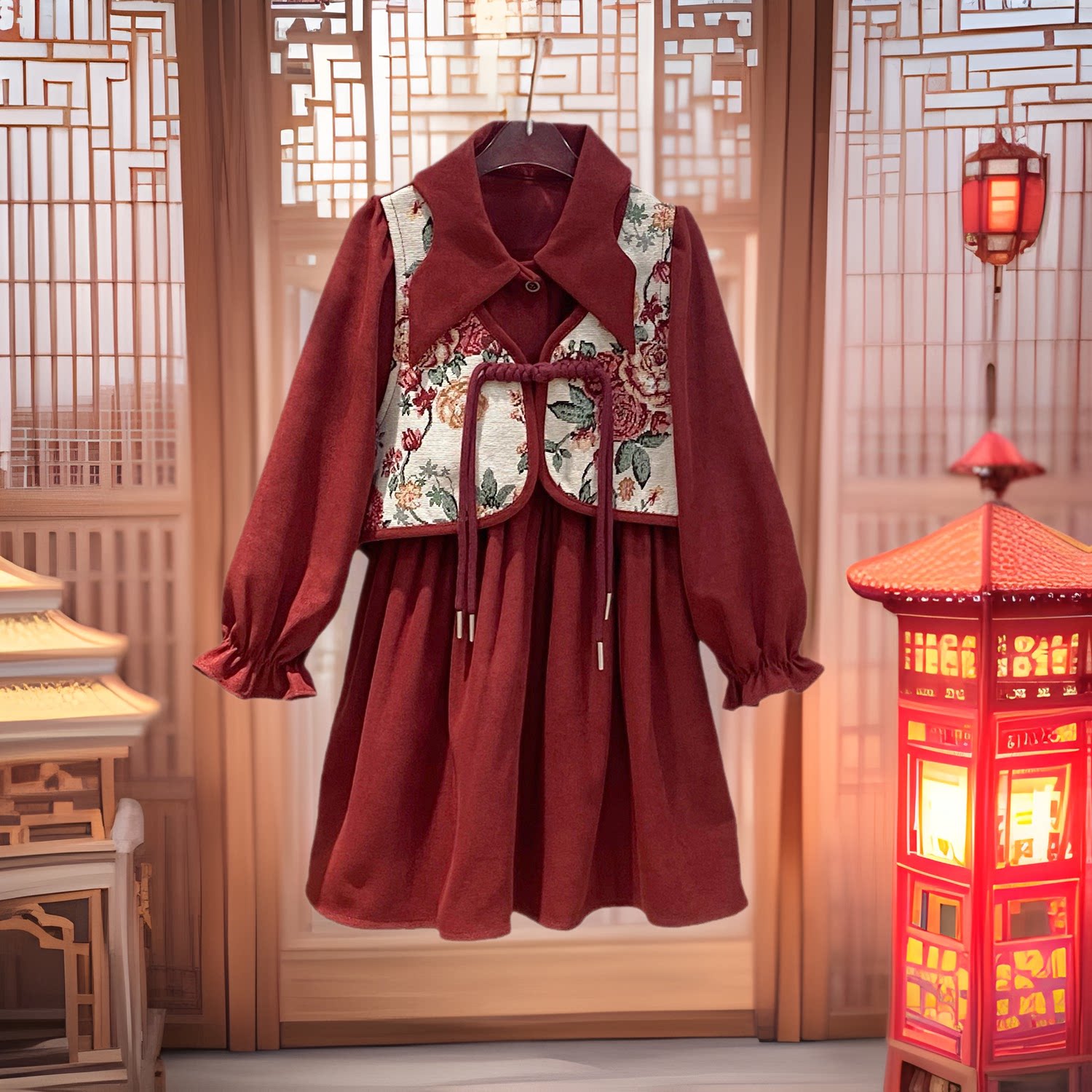 女童中国风连衣裙2026新款秋冬学院风假两件套女宝复古纯色亲子装