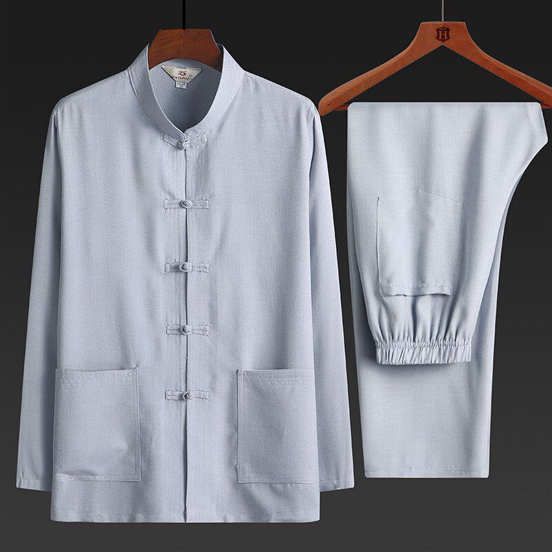 衣服唐装爸爸装亚麻套装