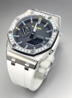 适用卡西欧GA2100正品改装套件44mm离岸型镶钻表壳舒适氟橡胶表带