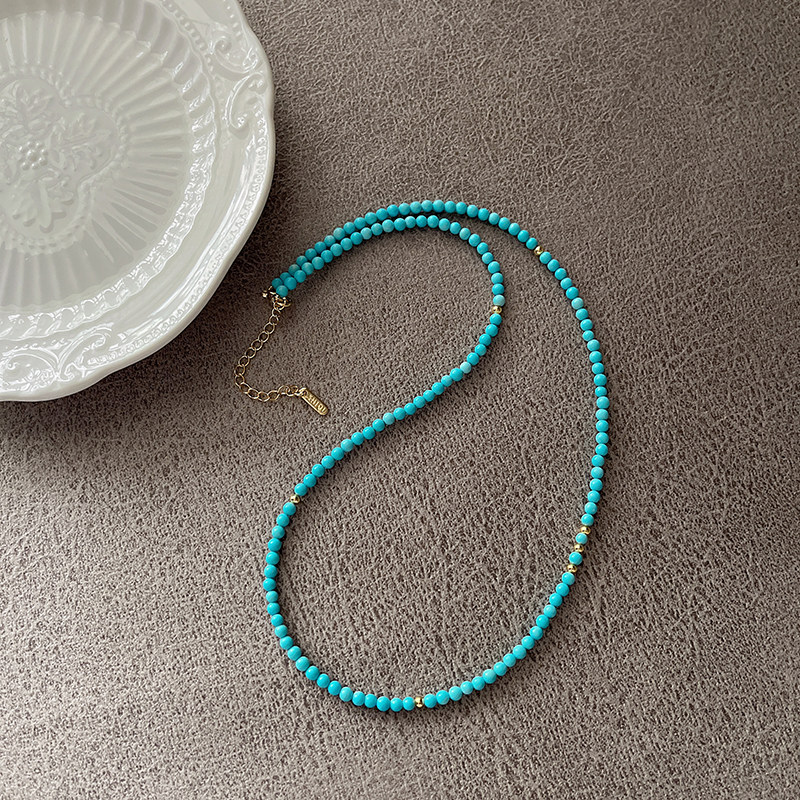 天然绿松石小米圆珠链新中式禅意饰品气质锁骨长链18K吊坠配饰