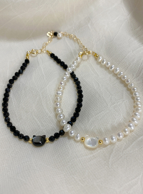 猫咪手链黑白色14K包金可调节天然淡水珍珠黑尖晶石日常通勤百搭