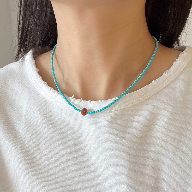 天然绿松石红翡吊坠项链小米珠2025爆款复古新中式锁骨链百搭女