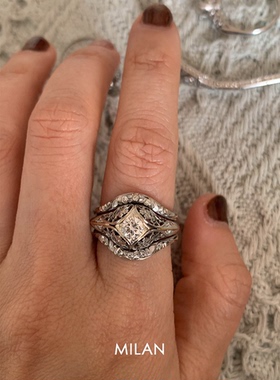 S925纯银复古黑色镂空繁花戒指女