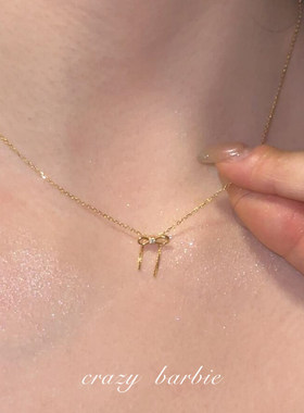 S925纯银金色蝴蝶结极细项链女